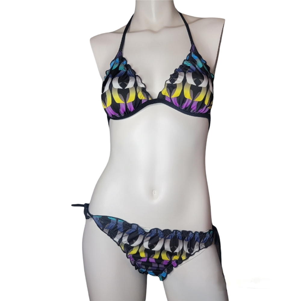 Hurley Triangle String Bikini, Cinched Bottom, Purple, Teal, Yellow & White, szS